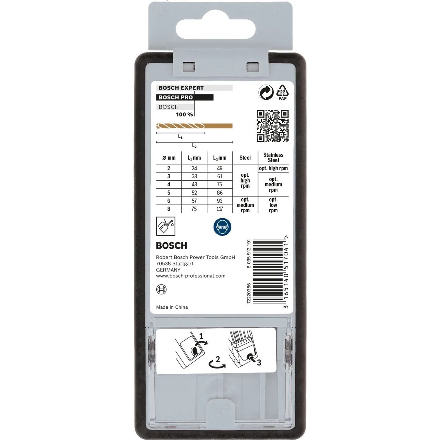 Bosch Metallbohrer-Set Pro Robust Line HSS-Co, 6-teilig. Verpackungsrückseite mit Größenübersicht und Barcode.