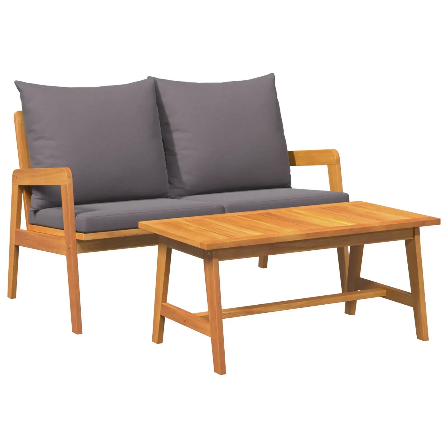 2-teiliges Bistro-Set aus Akazienholz mit anthrazitfarbenen Kissen für Garten oder Balkon.