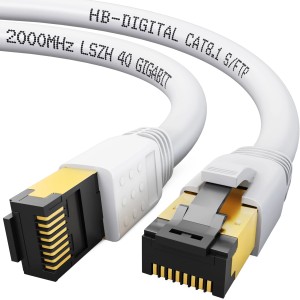 Weißes hb-digital CAT 8.1 Patchkabel mit RJ45 Stecker für schnelle Netzwerkverbindungen.