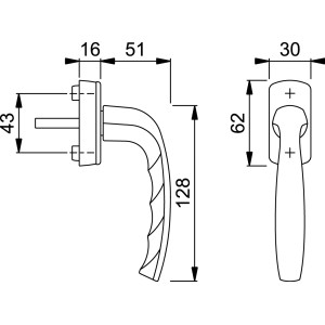 Technische Zeichnung: Hoppe Fenstergriff New York, Maße und Details zum Dreh-Kipp-Fenstergriff.