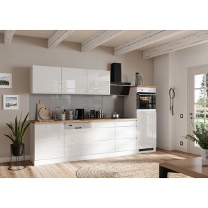 Moderne Küchenzeile Gera 300 cm in Weiß/Wotan Optik, ohne E-Geräte.