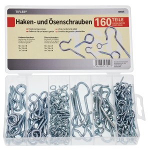 Tifler Haken- und Ösenschrauben Set, 160-teilig in Sortimentsbox.