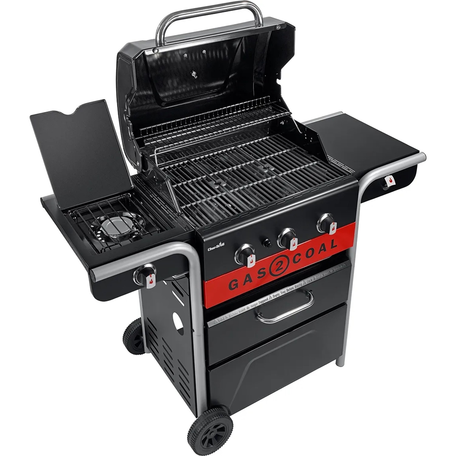 Char-Broil Gas2Coal 2.0 330 Kombigrill mit 3 Brennern und Seitenkochfeld, Holzkohle- und Gasgrill in einem.