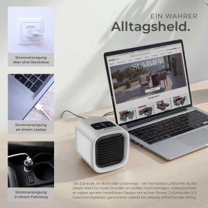 Grauer Tectake Frosty Luftkühler auf Schreibtisch neben Laptop. Zeigt Stromversorgung per Steckdose, USB, Auto.