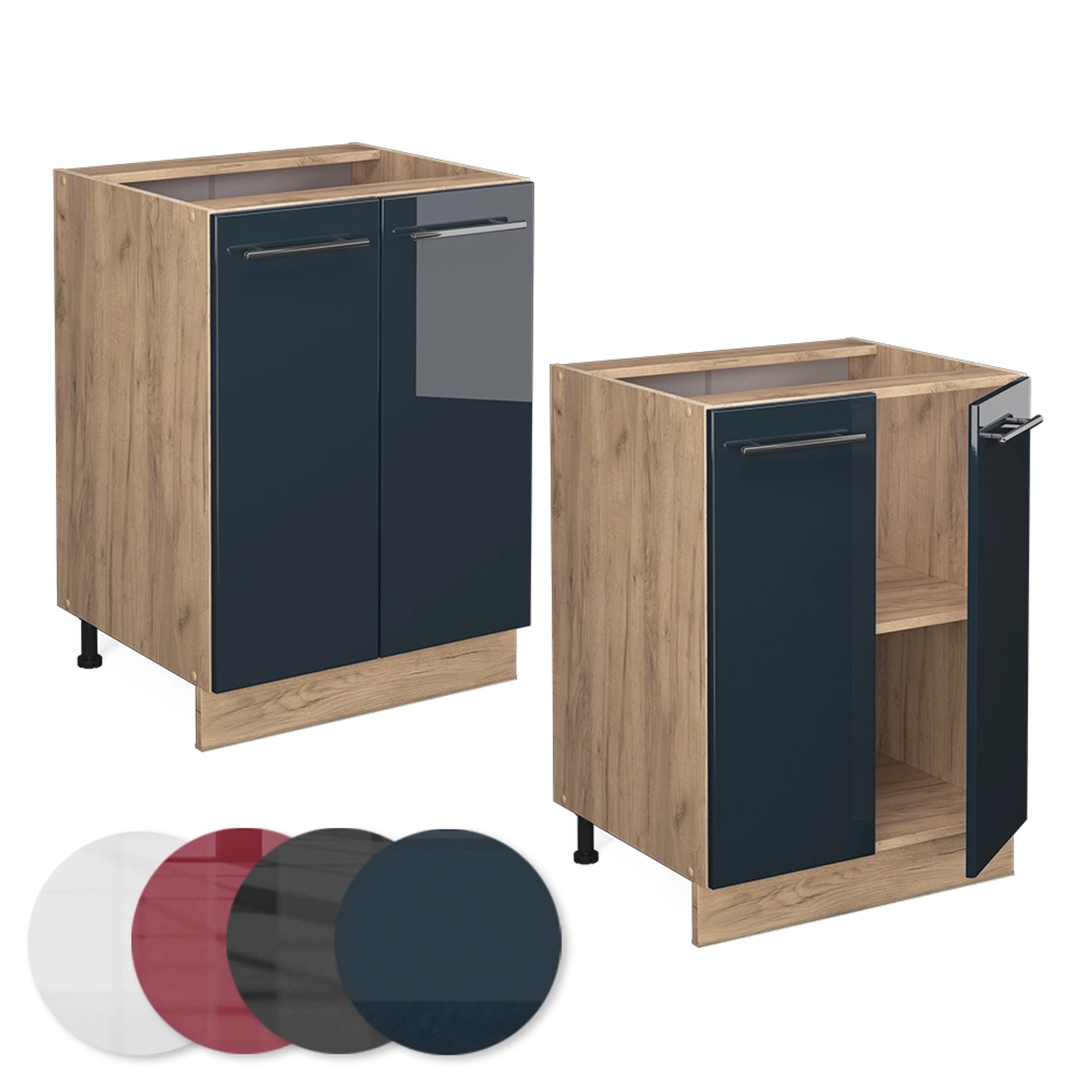 Vicco Küchenunterschrank Fame-Line, dunkelblau hochglanz, Eiche Dekor, 60 cm breit.