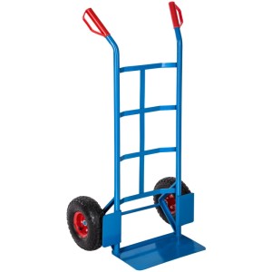 Blaue Tectake Sackkarre mit Stahlrahmen, Luftreifen und roten Griffen, 55x44x119 cm.