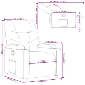 Skizze Relaxsessel Schwarz Stoff vidaXL Modell 61 mit Maßen, Details zu Höhe, Breite und Tiefe.