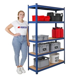 Blaues PROREGAL Schwerlastregal Ragnar (180x120x40 cm) mit fünf Ebenen und diversen Gegenständen.