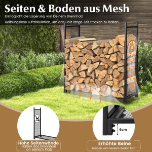 Costway Kaminholzregal, großer Kaminholzständer aus Metall mit Mesh-Seiten und Boden, befüllt mit Holzscheiten.