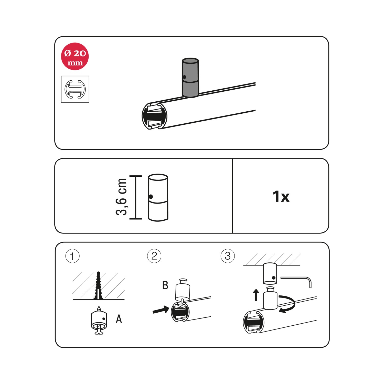 Abbildung des Gardinia Deckenträgers Chicago für 20 mm Stangen, Montageanleitung.