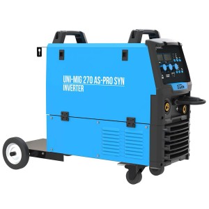 Güde Universalschweißgerät Uni-Mig 270 AS-Pro SYN, blaues Schweißgerät mit Rädern.