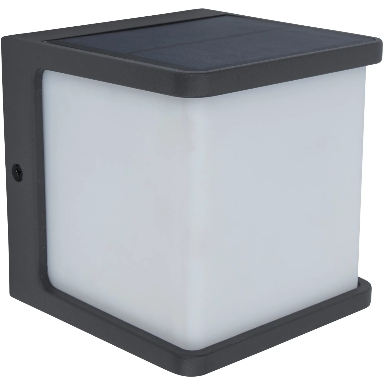 Anthrazitfarbene Lutec LED Solar Wandleuchte Doblo, kubische Form, mit integriertem Solarpanel.