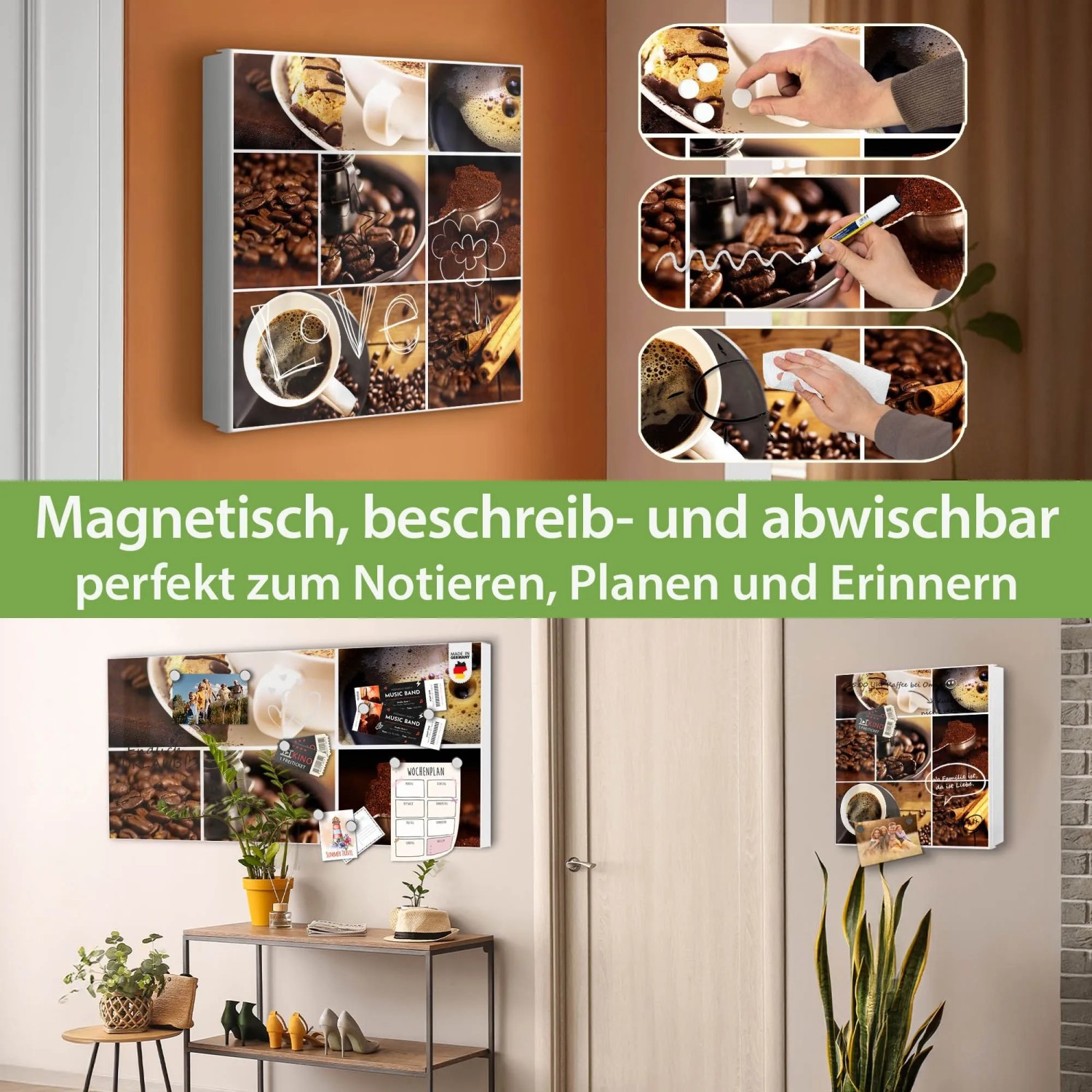 Banjado Großer Schlüsselkasten Metall 30x30cm Weiß Scharnier Links 50 Haken Beschreibbar Magnetisch Motiv Kaffee&Schokolade