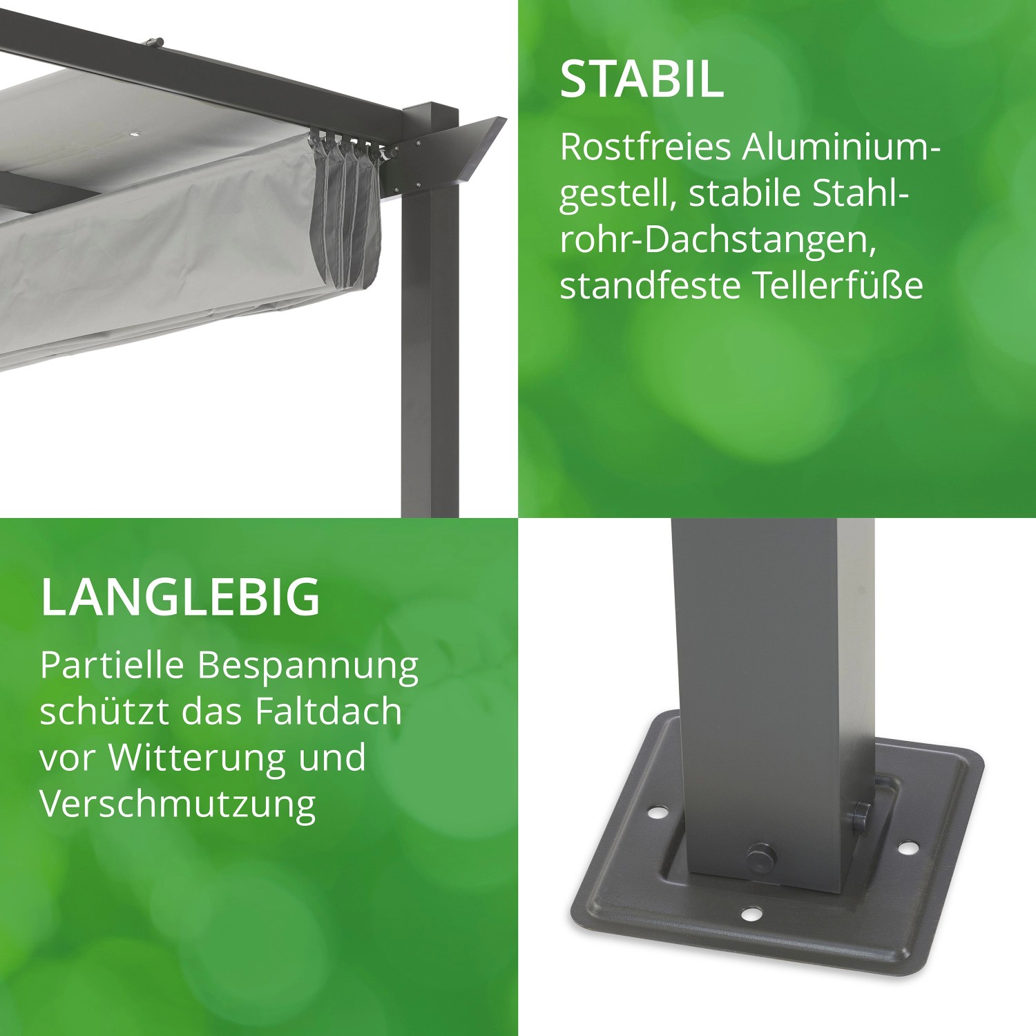 Detailansicht Leco Pergola 4x3m lichtgrau: Stabiles Gestell, Faltdach Schutz vor Witterung.