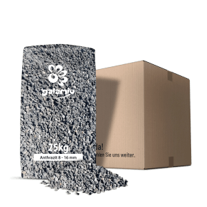 Galamio Lavamulch Anthrazit 8-16mm, 25kg Sack Dekormulch neben einem Versandkarton.
