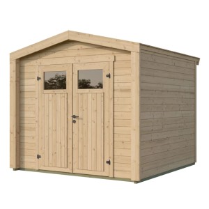 Weka Gartenhaus Killarney aus naturbelassenem Holz mit Doppeltür und Fenstern.