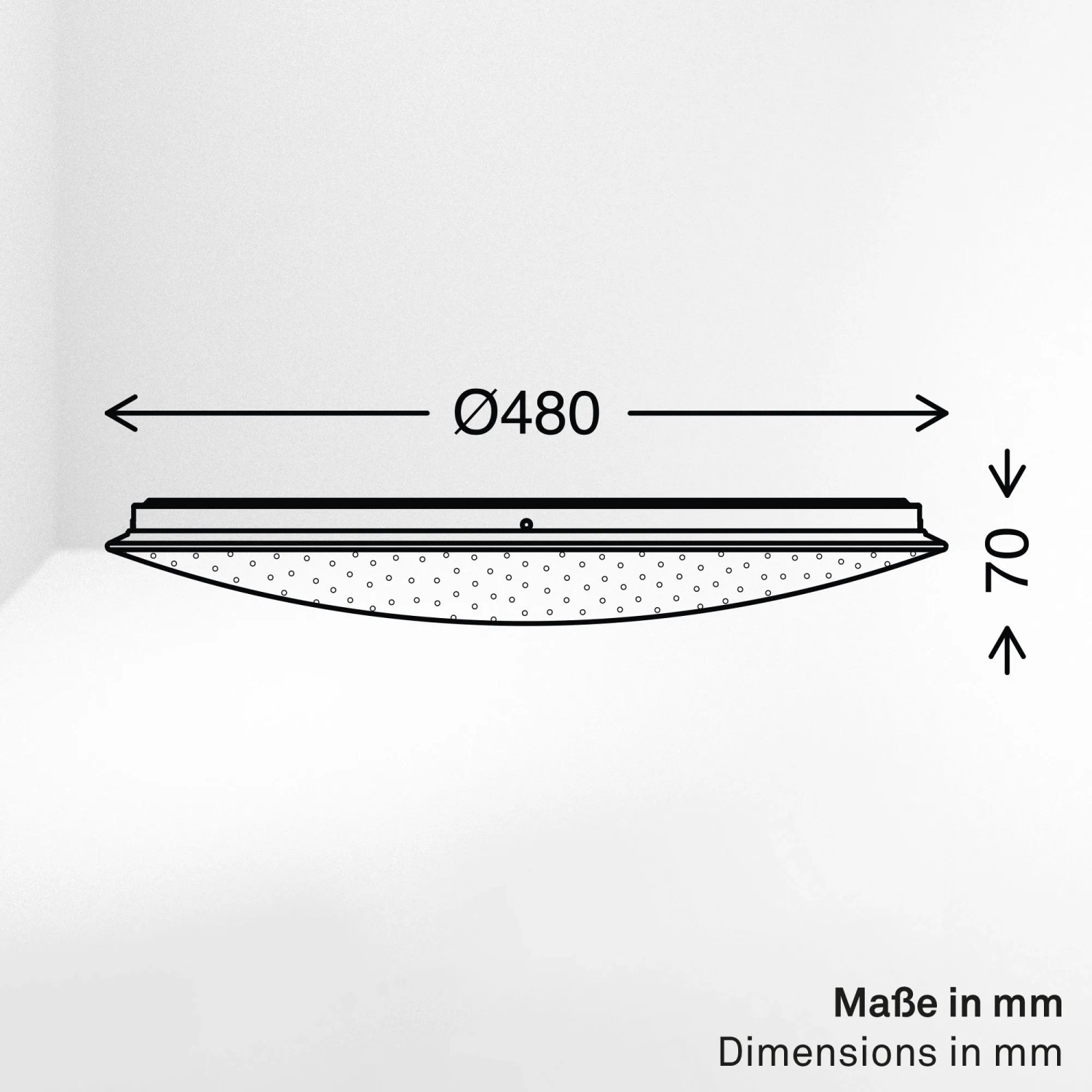 Brilo LED-Deckenleuchte, weiß, rund, Sternenhimmel-Effekt. Seitenansicht mit Maßen Ø 48 cm, 7 cm.