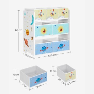 Weißes Songmics Kinderzimmerregal mit 7 Boxen (Raumfahrtmotive).