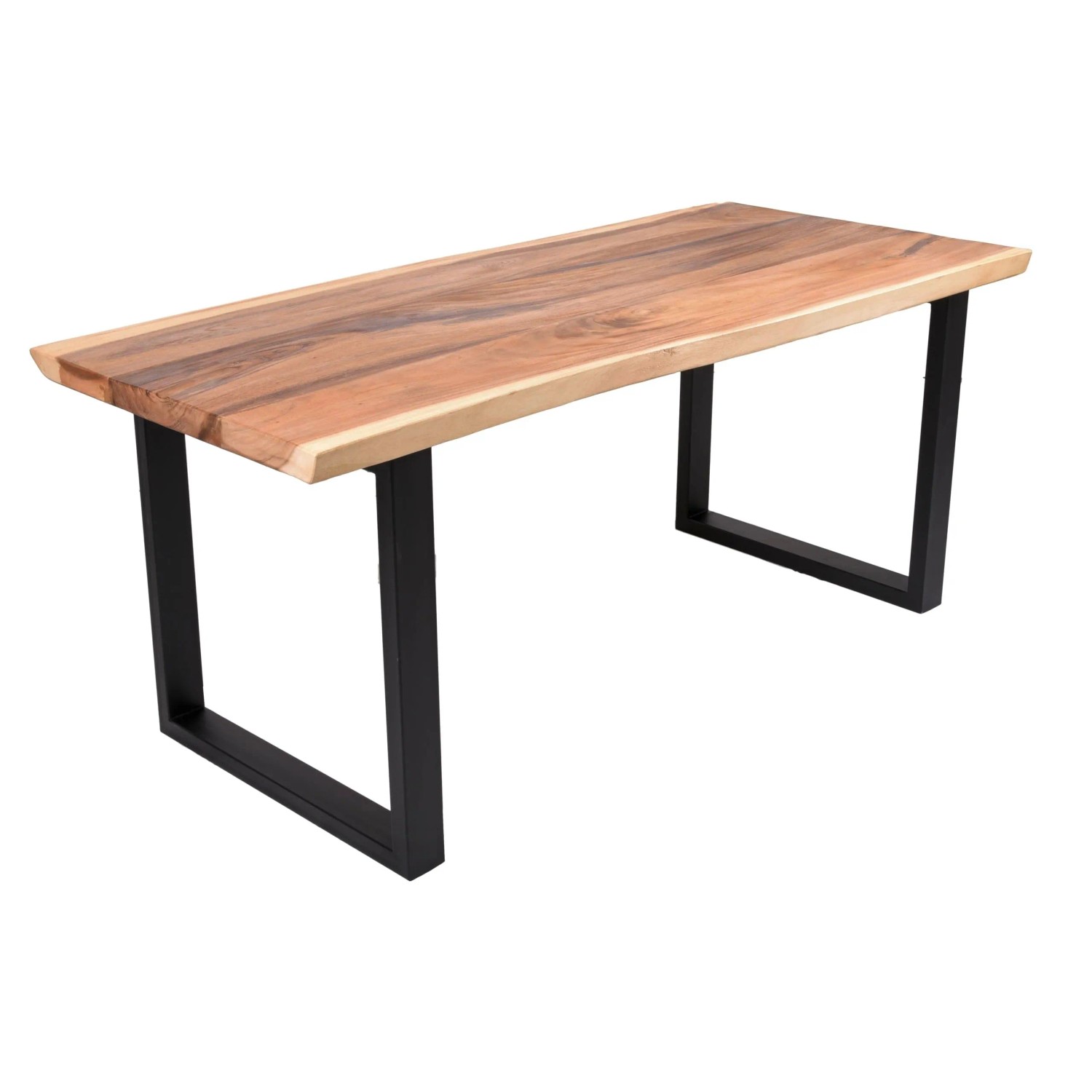 DELUKE Esstisch TESSA mit Baumkante Suarholz 180x80x77cm Holztisch mit Metallgestell Baumkantentisch Tischbeine Schwarz