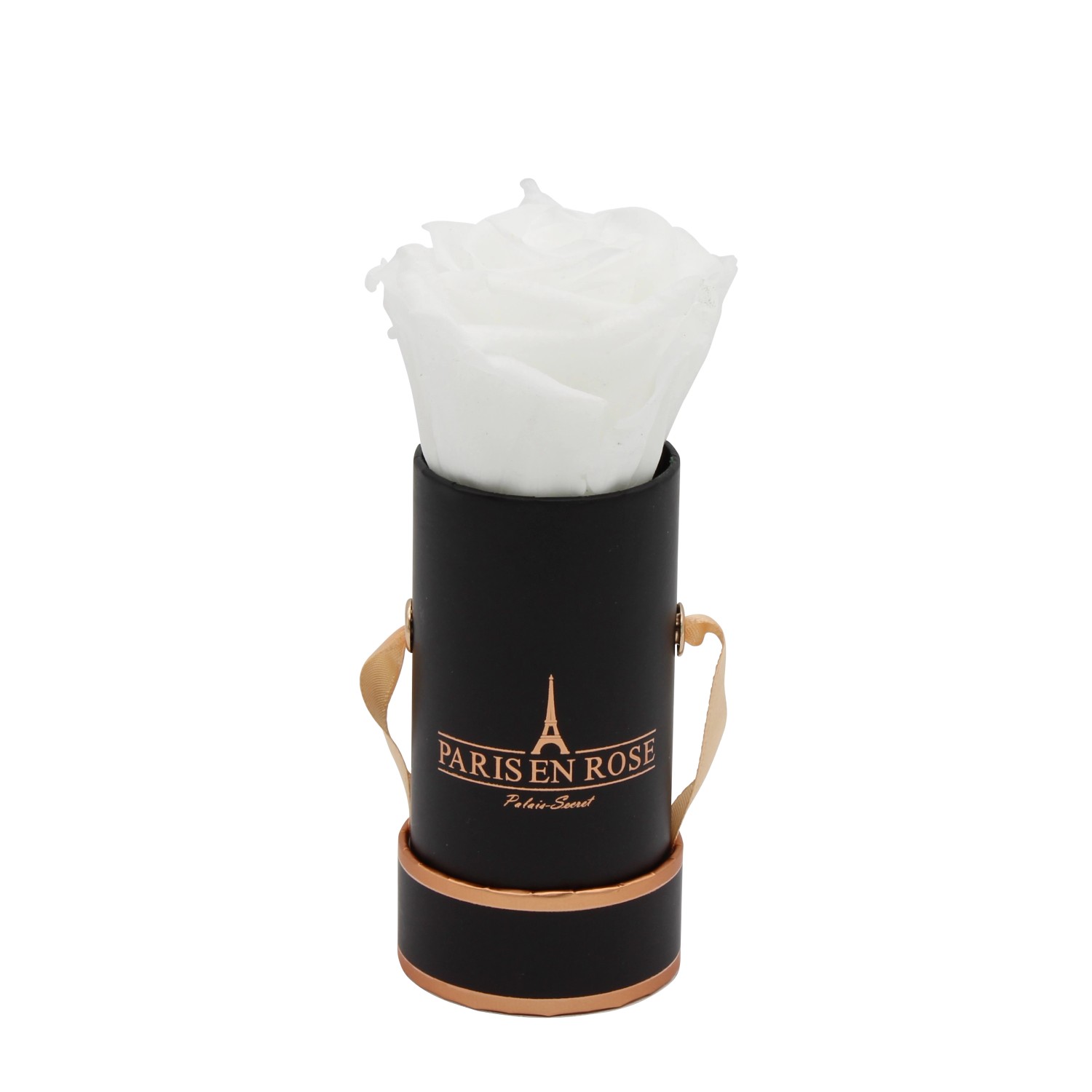 Rosenbox Ø 5 cm Schwarz-Roségold mit einer Weißen Rose