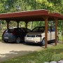 Skan Holz Doppelcarport Spreewald in Nussbaum mit zwei geparkten Autos.