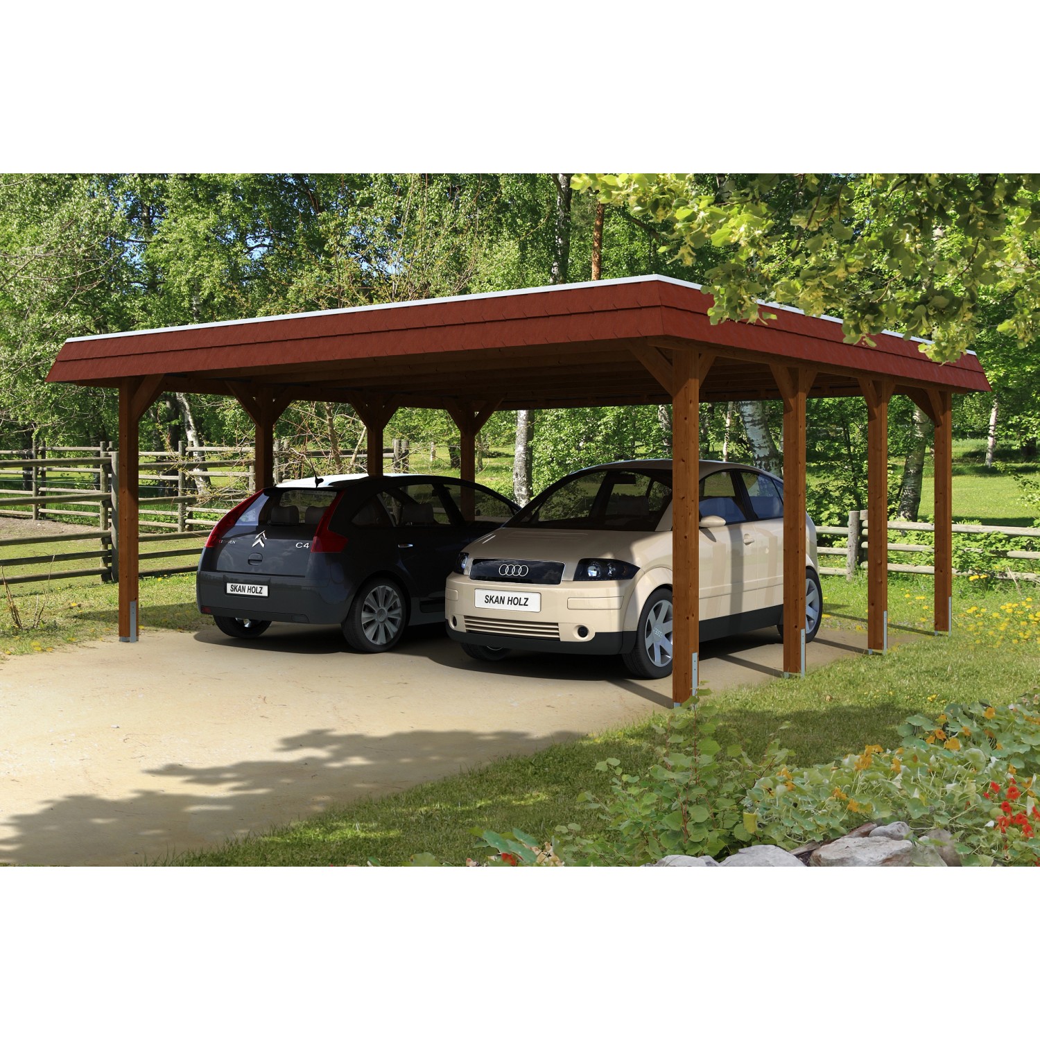 Skan Holz Doppelcarport Spreewald Holz Nussbaum 585 cm x 589 cm