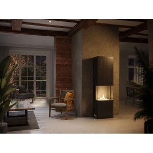 Schwarzer Tenderflame Ambientekamin Indie 2 kW im Wohnraum mit Glasfenster und Flamme.