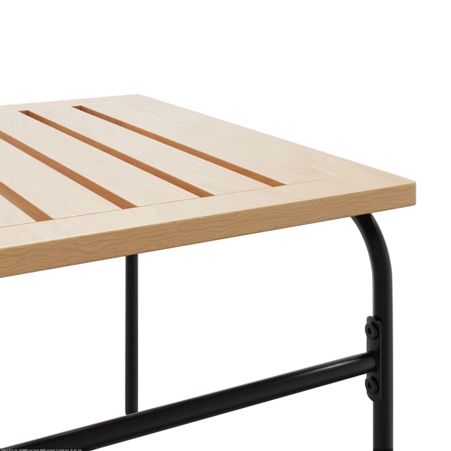 Detailansicht: Tischplatte des vidaXL Balkonmöbel-Sets, Stahlgestell, helle Holzoptik.