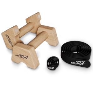 Zwei ArtSport Holz Liegestützgriffe M und schwarze Transportriemen für Calisthenics und Krafttraining.