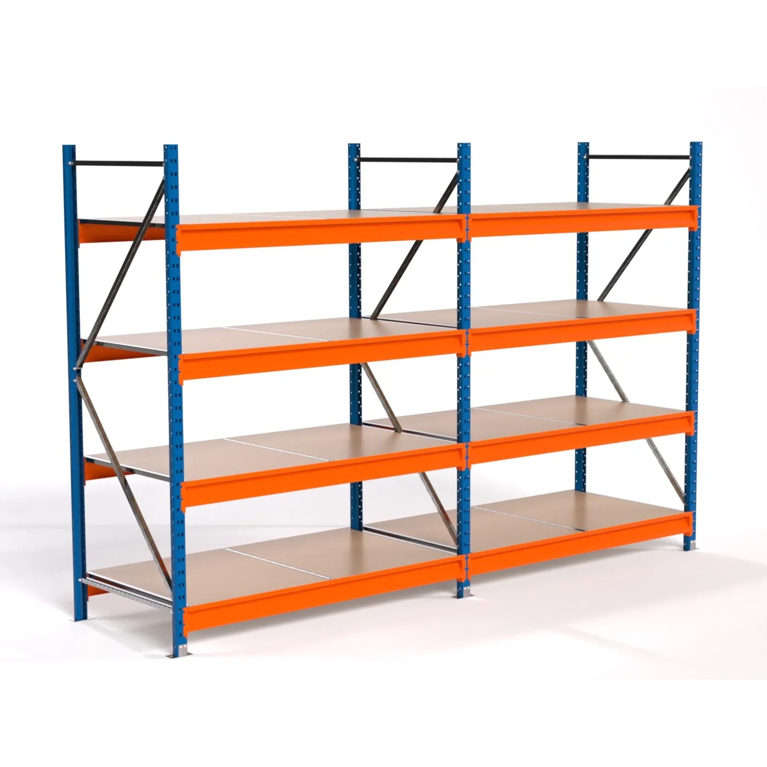 PROREGAL Industrie Weitspannregal Lagerregal MAXIMUS PRO Komplettregal 2 Felder HxBxT 200x300x80cm 4 Spanplatten-Fachboden Fachlast 850kg Blau/Orange