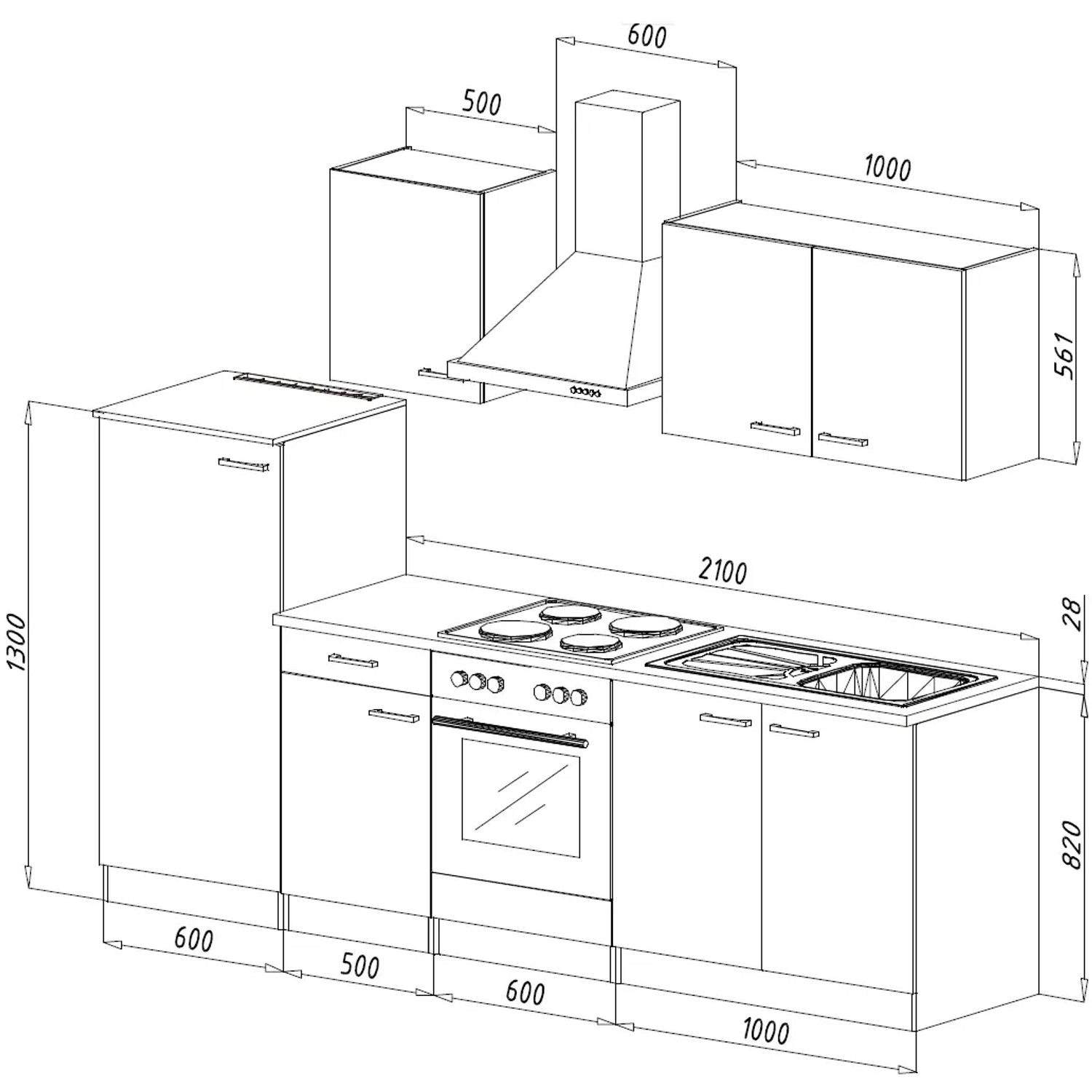 Skizze der Respekta Küchenzeile KB270ENWP, 270 cm, Weiß/Eiche, mit Elektrogeräten und Spüle.