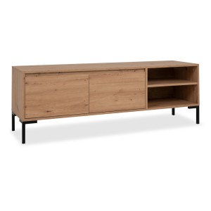 Modernes TV-Lowboard in Eiche Artisan Optik, 150 cm breit, mit Klappen und offenen Fächern auf schwarzen Metallfüßen.