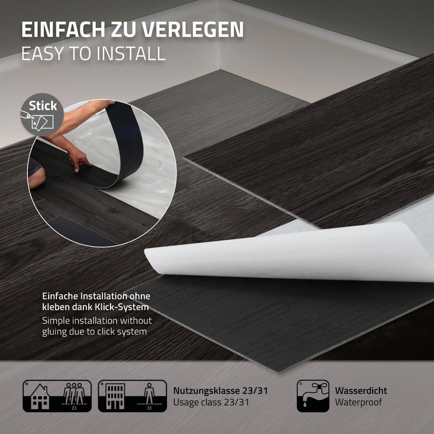 ML-Design Vinylboden Eiche Dunkelgrau, selbstklebend. Detailaufnahme der einfachen Verlegung.