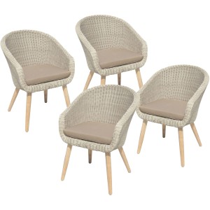 Vier Gartenstühle Arvada mit Polyrattan-Sitzschale und Muskatnussbraun-Taupe Auflage.