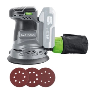 LUX Akku-Exzenterschleifer A-EXS-20/125 mit Staubfangsack und Schleifscheiben.