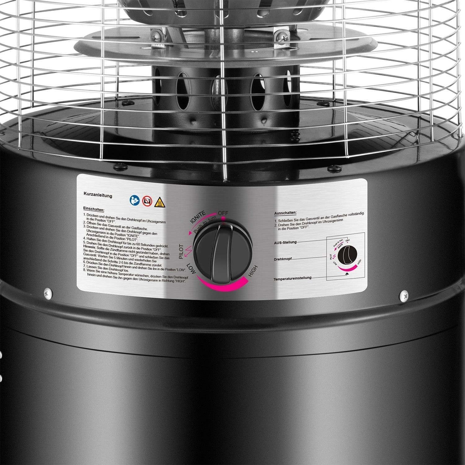 Detailaufnahme: Juskys Gasheizung Cuna mit Bedienfeld und Temperaturregler.