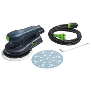 Festool Exzenterschleifer ETS EC 150 5 EQ, dunkelgrün/schwarz, mit Netzkabel, Schleifblatt und Inbusschlüssel.