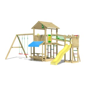 Jungle Gym Spielturm Cascade mit gelber Rutsche, Schaukeln und Picknickbereich. Holz-Spieltürme für Kinder.