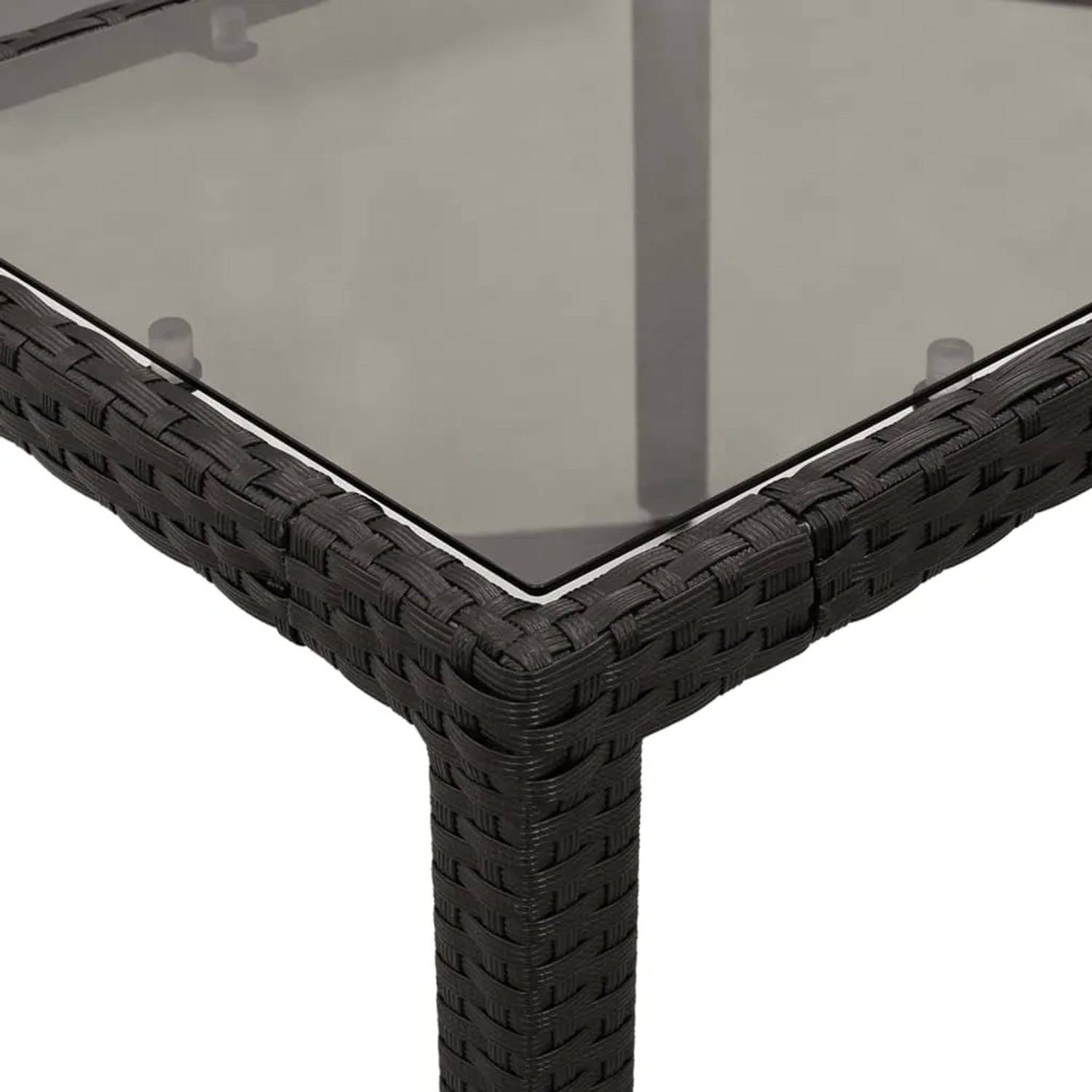 Schwarzer vidaXL Gartentisch mit Glasplatte, Rattan-Optik, 150x90 cm.