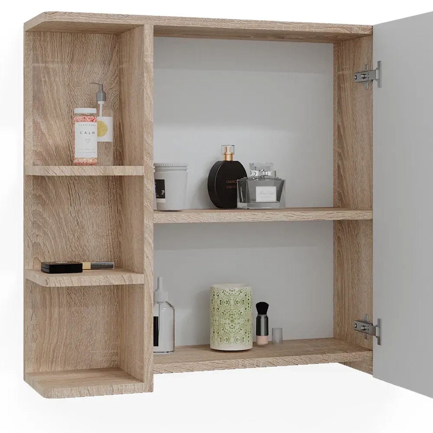 Vicco Badspiegelschrank Fynn in Sonoma Eiche Optik, mit offenen Fächern und Stauraum.