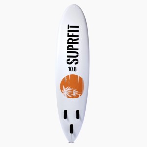 Suprfit SUP Board Halia 10'8 in Weiß-Orange mit Palmen-Grafik und drei Finnen. Perfekt für Wassersport.
