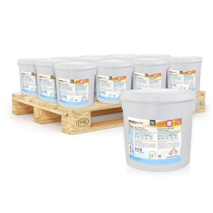Palette mit 20 Eimern Microactiv Vollwaschmittel, je 10kg. Reinigungsmittel für strahlend saubere Wäsche.