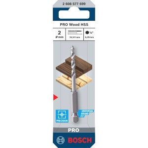 Bosch Holzspiralbohrer Pro Wood HSS, 2 mm, Silber. Holzbohrer für präzise Löcher.