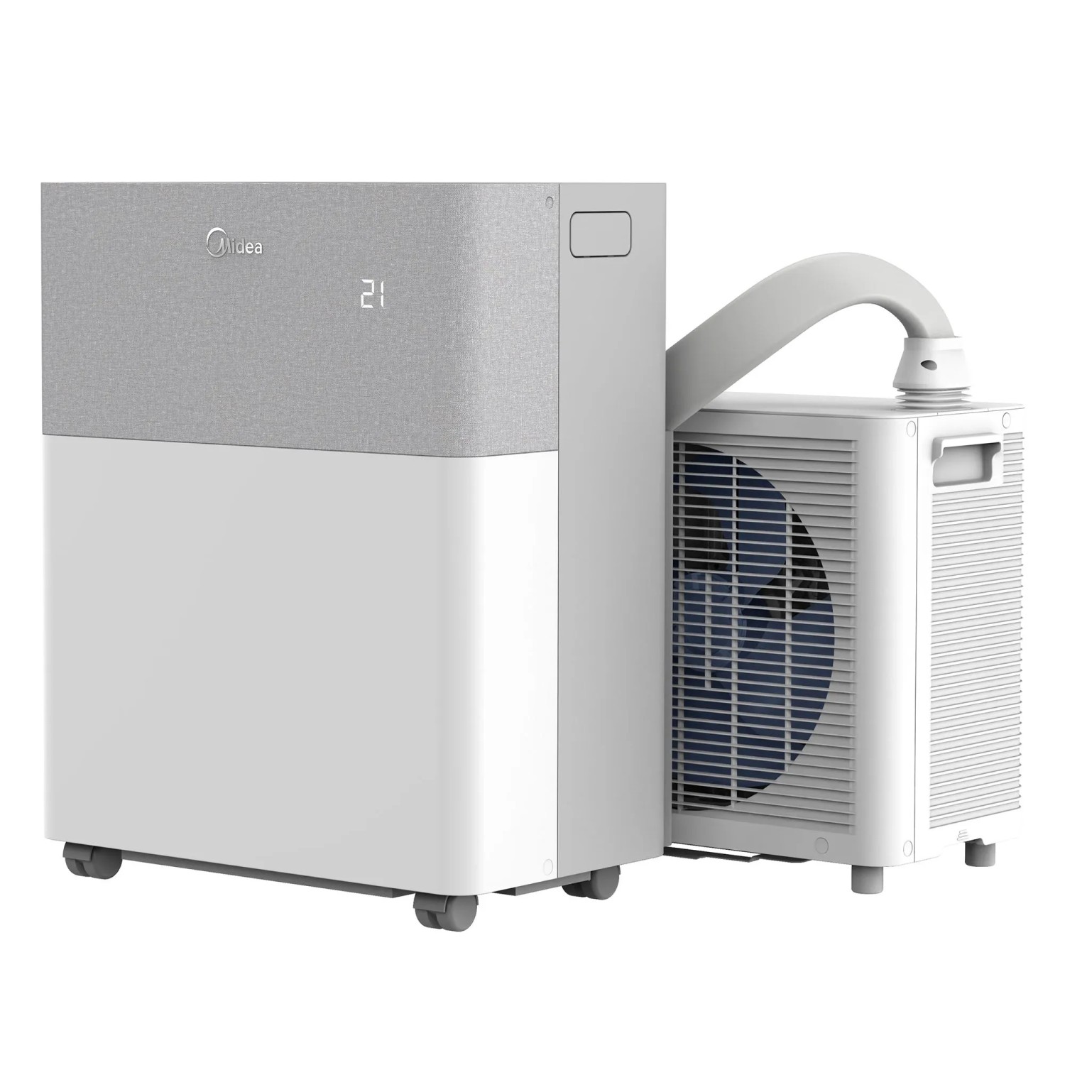 Midea PortaSplit Cool mobile Klimaanlage in Weißgrau. Split-Klimagerät mit Außenteil und Rollen.