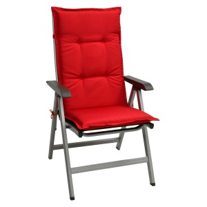 Rote Beautissu Hochlehner Auflage Base HL (120x50x6cm) auf Gartenstuhl.