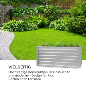 Rechteckiges, silbernes Blumfeldt High Grow Straight Hochbeet (120x60x60 cm) im Garten.