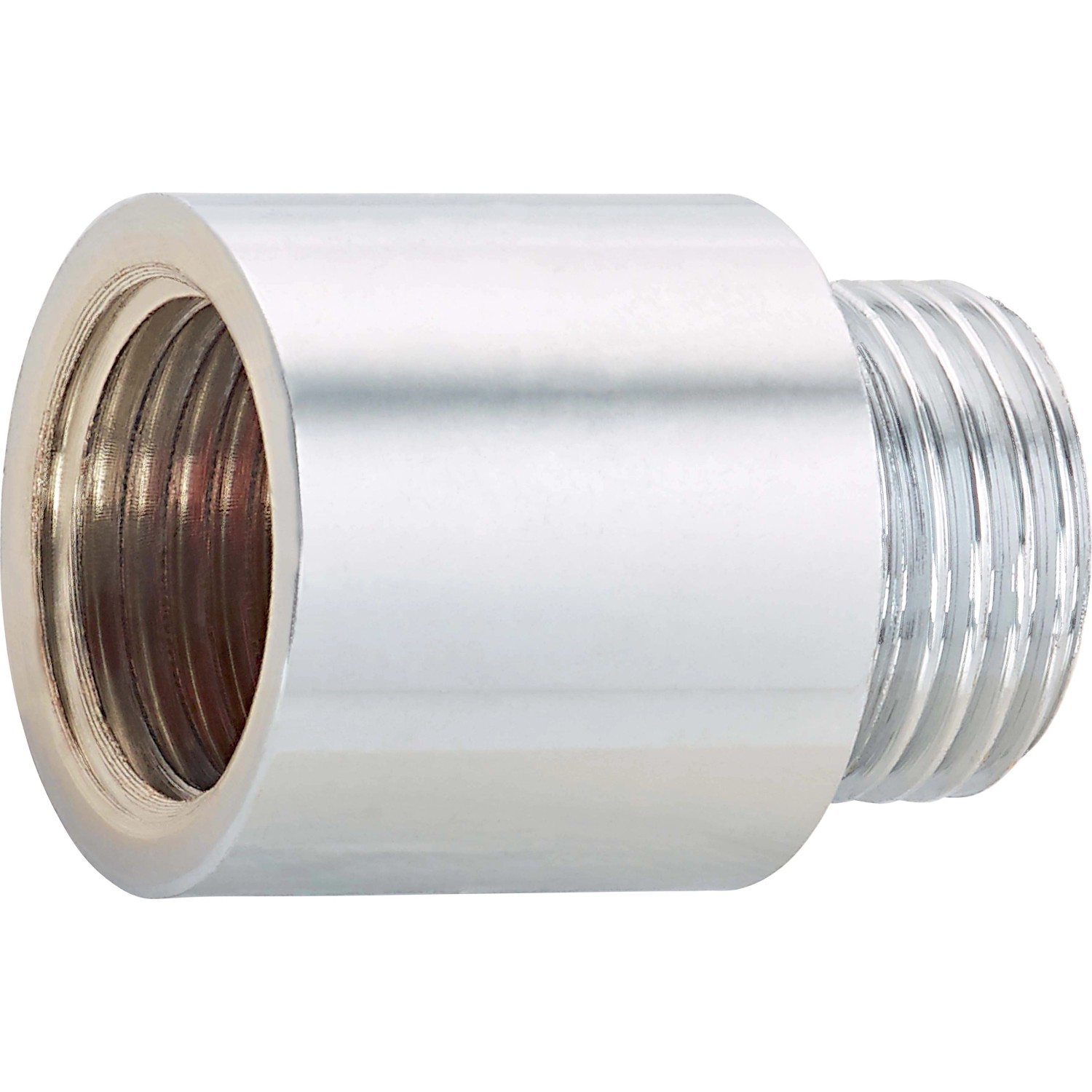 Verchromte Hahnverlängerung aus Messing, 18,6 mm x 21 mm, 25 mm Länge.
