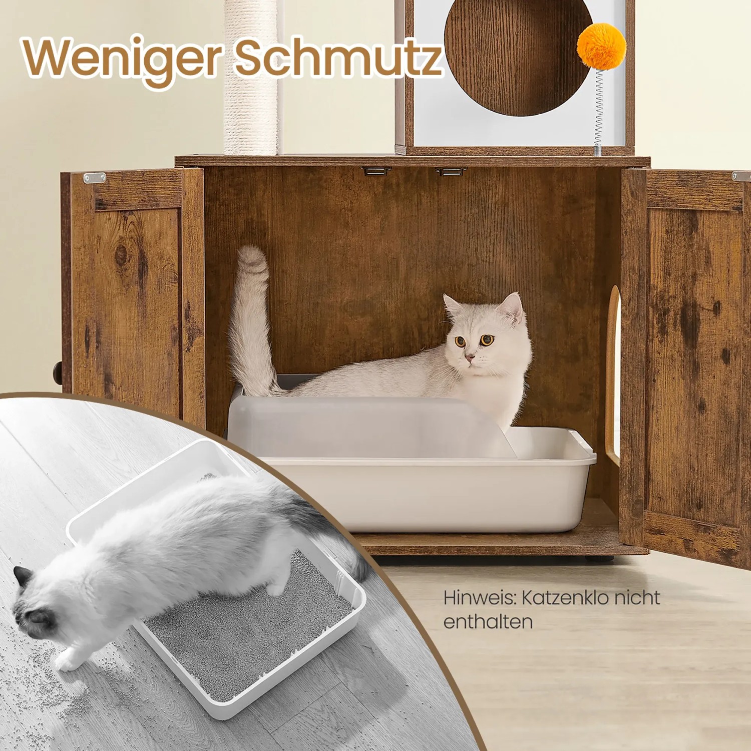 Feandrea Kratzbaum 180 cm mit Katzenklo-Schrank in Braun, inklusive Kratzbaum, Katzenklo und Spielzeug.