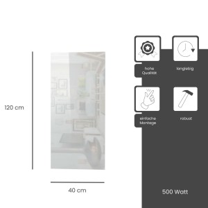 Fenix Infrarotheizung ECOSUN Glasheizung Spiegel, 500W, 120x40cm. Elektrische Heizung mit Glasoberfläche.