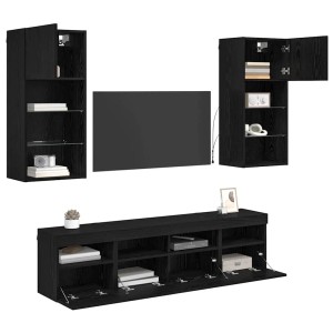 Moderne, schwarze vidaXL Wohnwand mit LED, Eichen-Optik, 5-teilig, mit Stauraum.